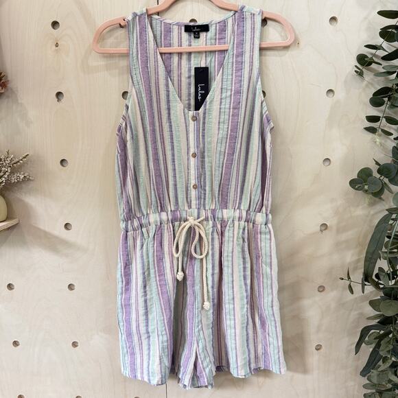 LULU’S Forever Adventure Romper Size M NEW Lilac Multi Striped Drawstring Waist - Picture 12 of 13